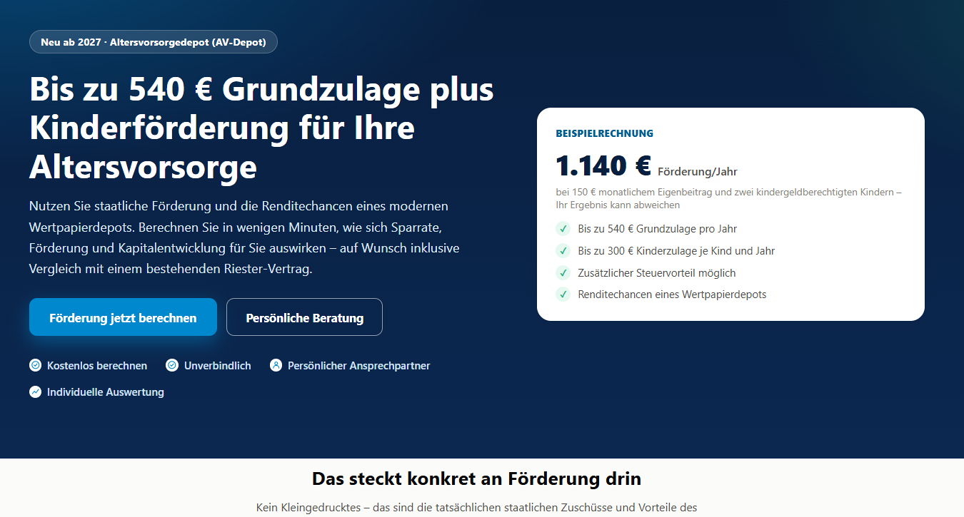 Personalisierte AV-Depot Landingpage