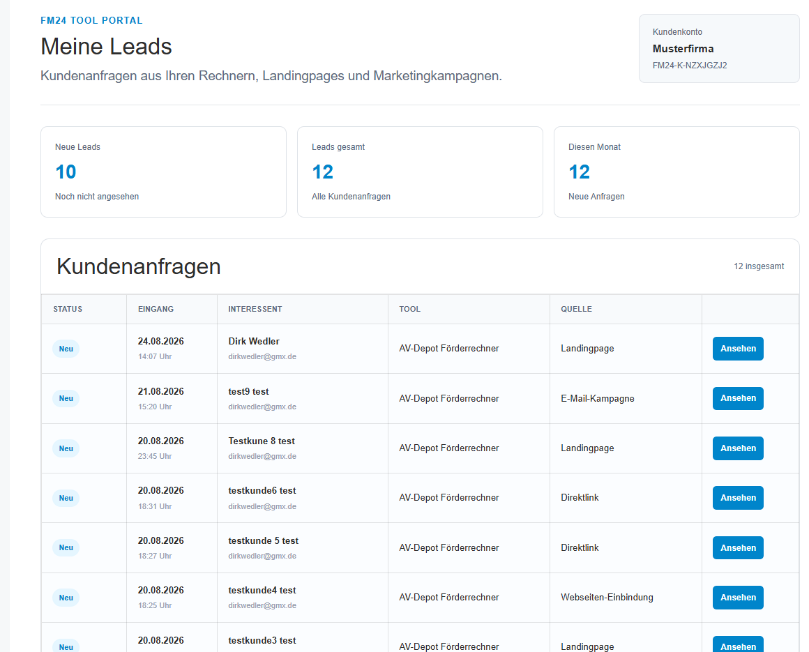 Leadverwaltung im Finanzmanager24 Tool Portal